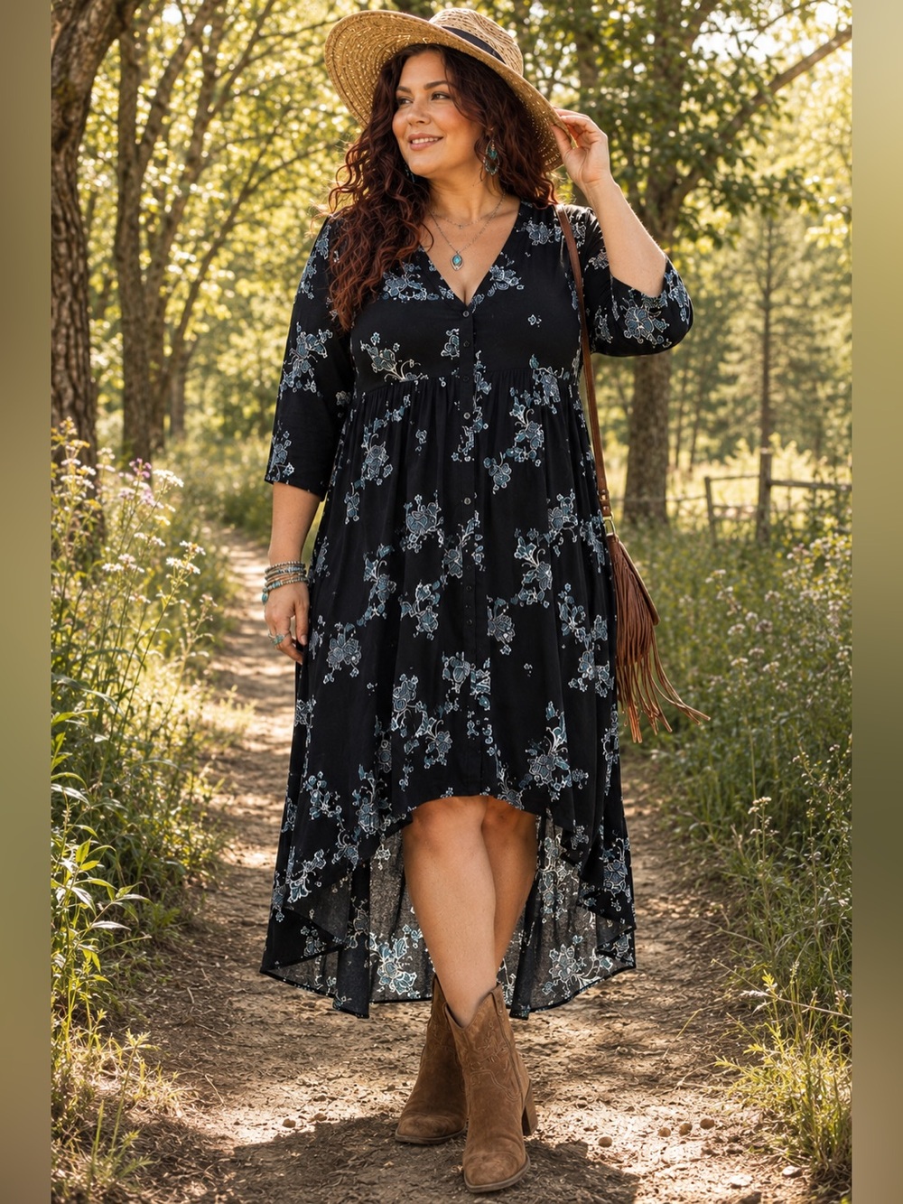 🌿 Torrid Floral High Low Babydoll Dress Size 0 (14/16) Boho Midi